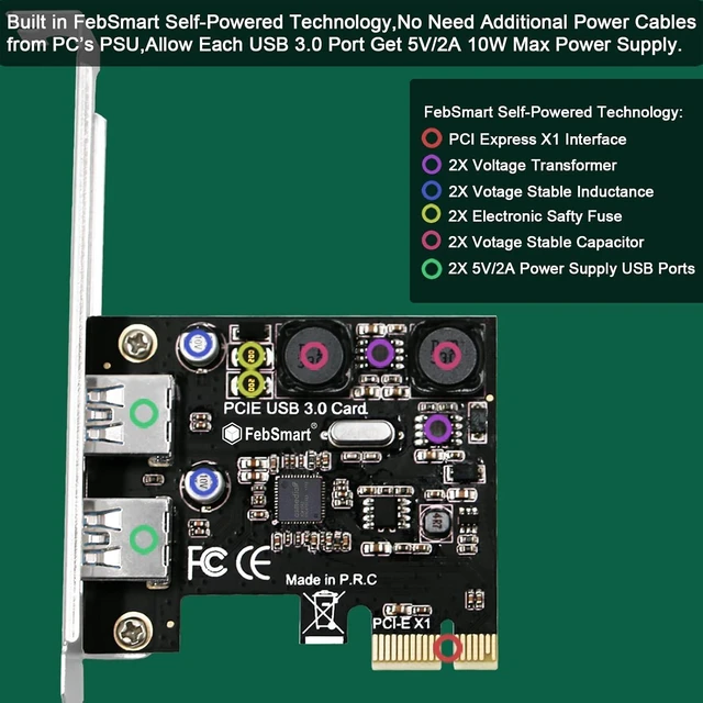 Alt view image 3 of 7 - 2-Ports Superspeed 5Gbps USB 3.0 PCI Express Expansion Card for Windows, MAC OS X and Linux Desktop PCs, Built in Self-Powered Technology, No Need Additional Power Supply (FS-U2S-Pro)