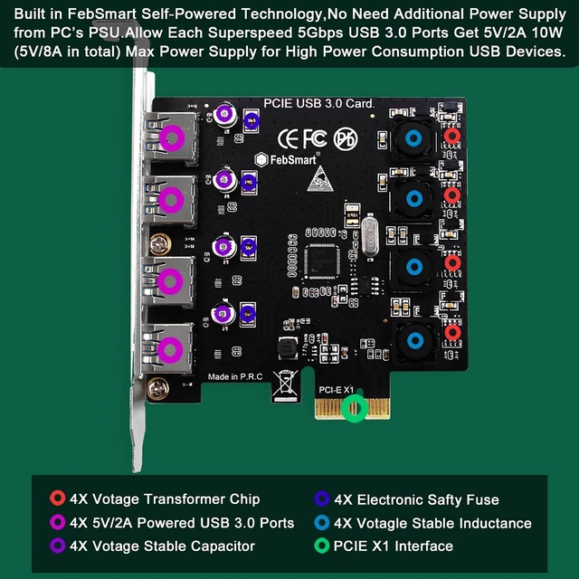 Alt view image 3 of 7 - 4 Ports Superspeed 5Gbps USB 3.0 PCI Express Expansion Card for Windows 11, 10, 8.x, 7, Vista, XP Desktop PCs, Built in Self-Powered Technology, No Need Additional Power Supply (FS-U4-Pro)