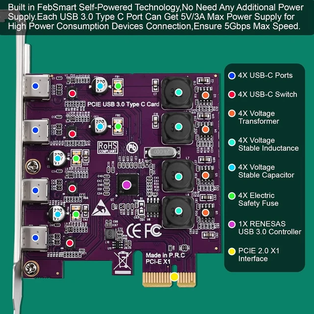 Alt view image 3 of 7 - 4X 5Gbps USB-C Ports PCI Express USB 3.0 Expansion Card for Windows 11, 10, 8.x, 7, Vista, XP Desktop PCs, Built in Self-Powered Technology, No Need Additional Power Supply (FS-U304C-Pro)