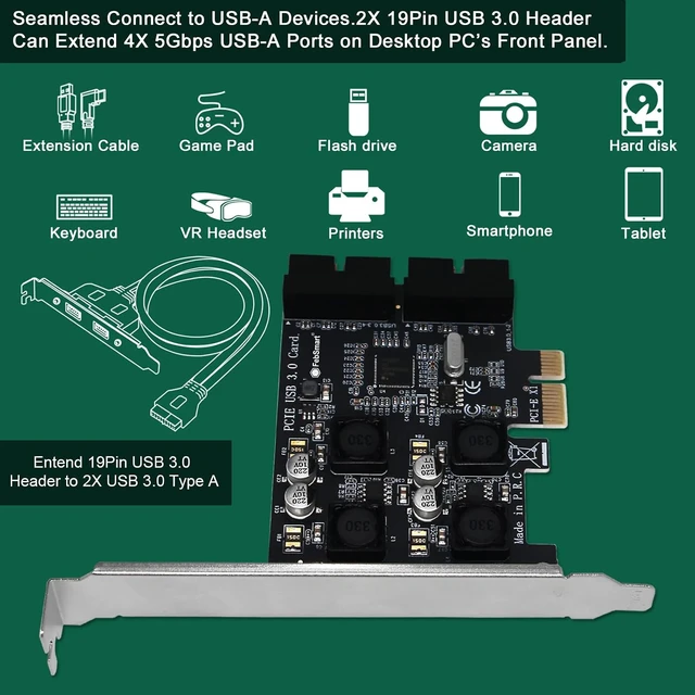 Alt view image 4 of 7 - 2X 19Pin USB 3.0 Header Ports PCIE USB 3.0 5Gbps Expansion Card for Windows and Linux Desktop PCs, Built in FebSmart Self-Powered Technology, No Need Additional Power Supply (FS-H2-Pro)