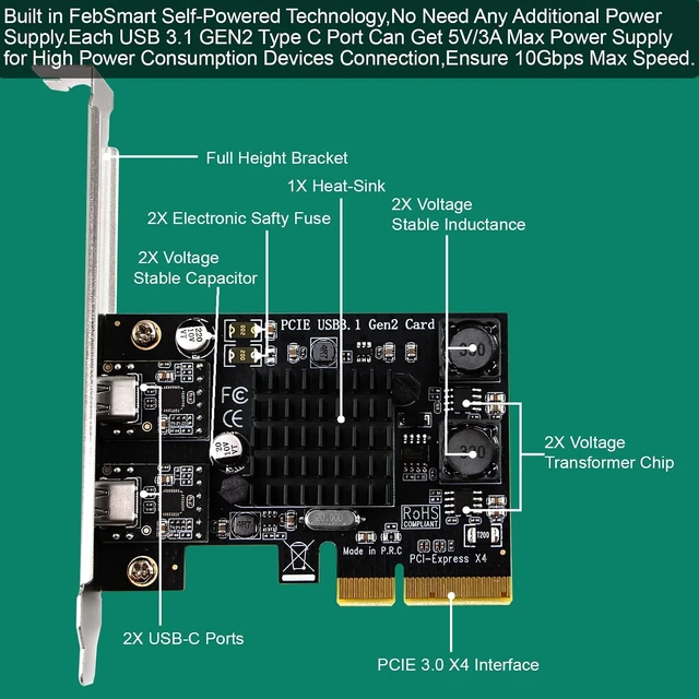 Alt view image 3 of 7 - 2X 10Gbps Max Speed USB-C Ports PCIE USB 3.1 GEN 2 Expansion Card for Windows, MAC OS and Linux PCs, Built in FebSmart Self-Powered Technology, No Need Additional Power Supply (FS-C2-Pro)