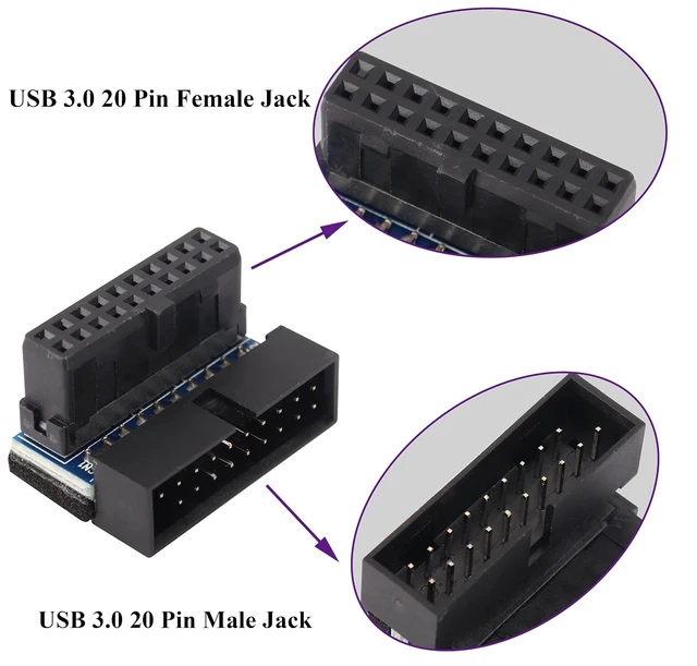 Alt view image 3 of 7 - 2 Pack Down Right Angle USB 3.0 19-pin Connector 90 Degree 19Pin/20Pin 3.0 USB Female to Male Extension Power Adapter Board for Desktop Motherboard Internal Header Adapter(Down/Black-20Pin)