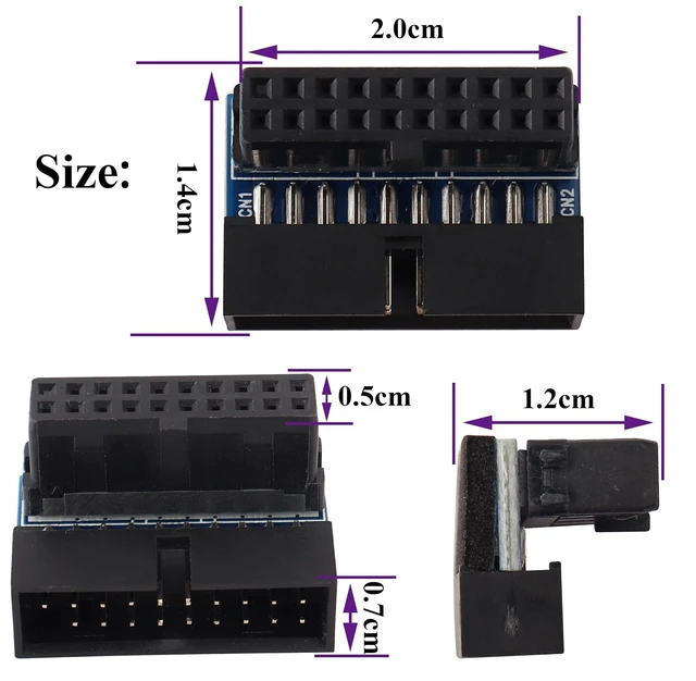Alt view image 2 of 7 - 2 Pack Down Right Angle USB 3.0 19-pin Connector 90 Degree 19Pin/20Pin 3.0 USB Female to Male Extension Power Adapter Board for Desktop Motherboard Internal Header Adapter(Down/Black-20Pin)
