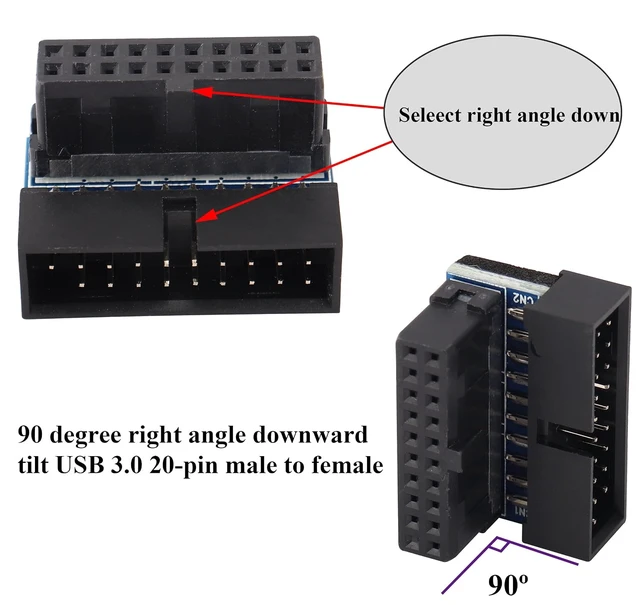 Alt view image 4 of 7 - 2 Pack Down Right Angle USB 3.0 19-pin Connector 90 Degree 19Pin/20Pin 3.0 USB Female to Male Extension Power Adapter Board for Desktop Motherboard Internal Header Adapter(Down/Black-20Pin)