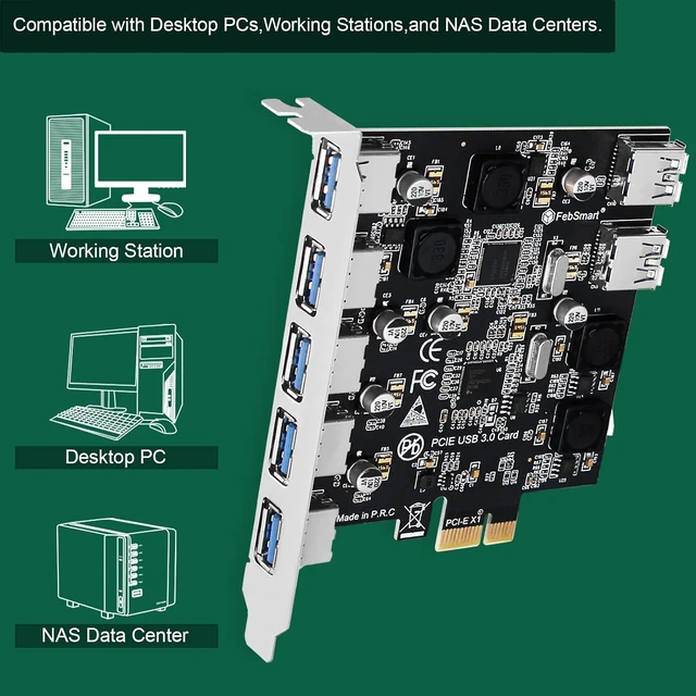 Alt view image 5 of 7 - 7-Ports Superspeed 5Gbps PCIE USB 3.0 Expansion Card for Windows 11, 10, 8.x, 7, Vista, XP Desktop PCs, Built in FebSmart Self-Powered Technology, No Need Additional Power Supply (FS-U7-Pro)