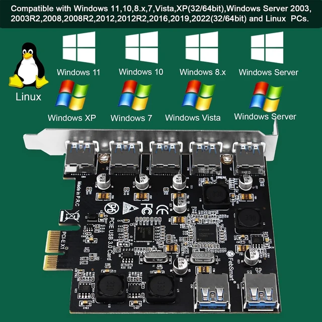 Alt view image 6 of 7 - 7-Ports Superspeed 5Gbps PCIE USB 3.0 Expansion Card for Windows 11, 10, 8.x, 7, Vista, XP Desktop PCs, Built in FebSmart Self-Powered Technology, No Need Additional Power Supply (FS-U7-Pro)