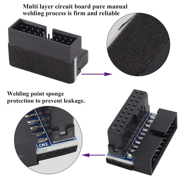 Alt view image 5 of 7 - 2 Pack Down Right Angle USB 3.0 19-pin Connector 90 Degree 19Pin/20Pin 3.0 USB Female to Male Extension Power Adapter Board for Desktop Motherboard Internal Header Adapter(Down/Black-20Pin)