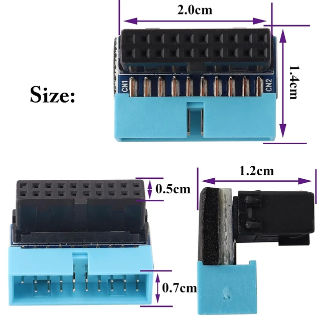 Alt view image 2 of 7 - 2 Pack Down Right Angle USB 3.0 19-pin Connector 90 Degree 19Pin/20Pin 3.0 USB Female to Male Extension Power Adapter Board for Desktop Motherboard Internal Header Adapter(Down/Blue-20Pin)