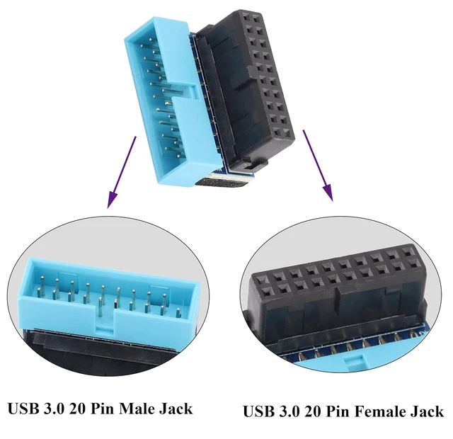 Alt view image 3 of 7 - 2 Pack Down Right Angle USB 3.0 19-pin Connector 90 Degree 19Pin/20Pin 3.0 USB Female to Male Extension Power Adapter Board for Desktop Motherboard Internal Header Adapter(Down/Blue-20Pin)