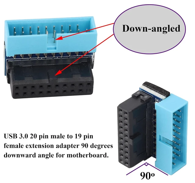 Alt view image 4 of 7 - 2 Pack Down Right Angle USB 3.0 19-pin Connector 90 Degree 19Pin/20Pin 3.0 USB Female to Male Extension Power Adapter Board for Desktop Motherboard Internal Header Adapter(Down/Blue-20Pin)