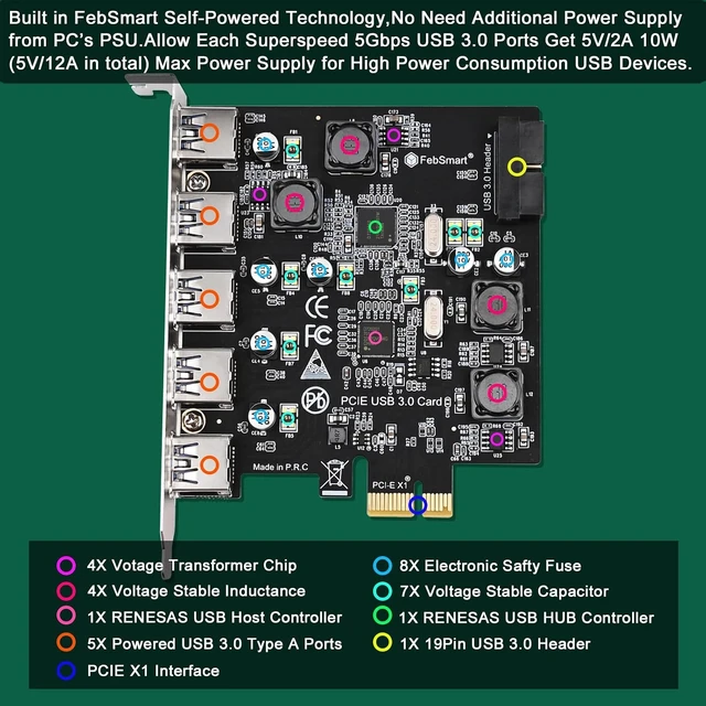 Alt view image 3 of 7 - 7-Ports Superspeed 5Gbps USB 3.0 PCIE Expansion Card, 5-Ports USB-A and an 19Pin USB 3.0 Header, Built in FebSmart Self-Powered Technology, No Need Additional Power Supply (FS-U7S-Pro)
