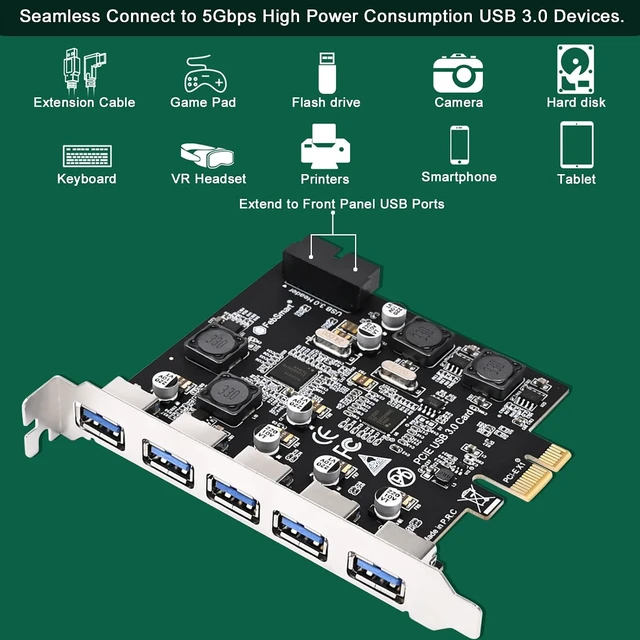 Alt view image 4 of 7 - 7-Ports Superspeed 5Gbps USB 3.0 PCIE Expansion Card, 5-Ports USB-A and an 19Pin USB 3.0 Header, Built in FebSmart Self-Powered Technology, No Need Additional Power Supply (FS-U7S-Pro)