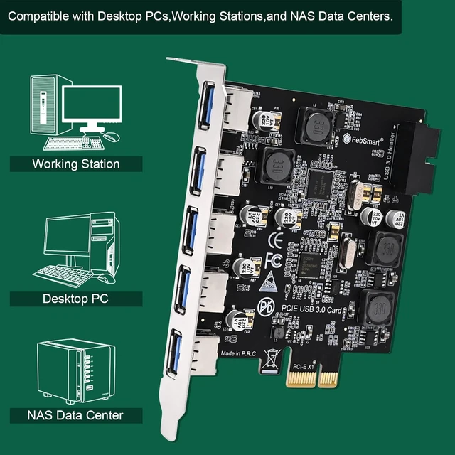 Alt view image 7 of 7 - 7-Ports Superspeed 5Gbps USB 3.0 PCIE Expansion Card, 5-Ports USB-A and an 19Pin USB 3.0 Header, Built in FebSmart Self-Powered Technology, No Need Additional Power Supply (FS-U7S-Pro)