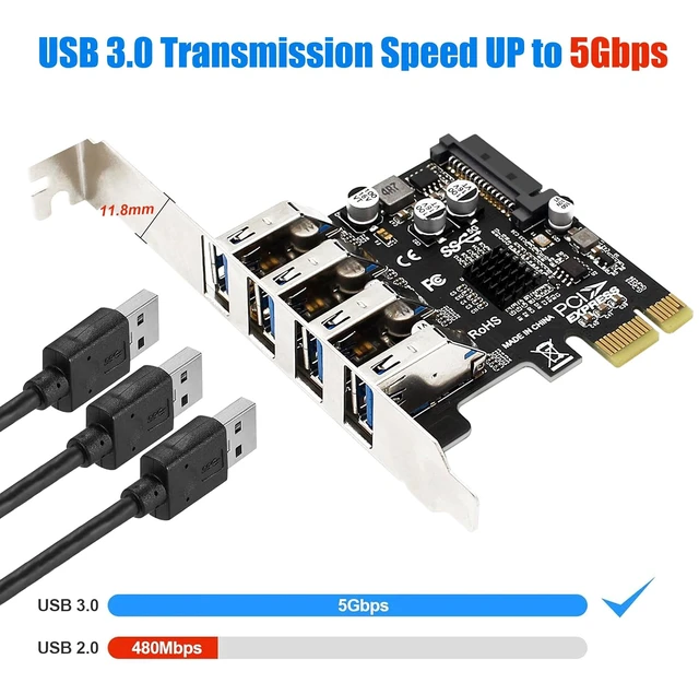 Alt view image 3 of 7 - PCI-E USB 3.2 GEN1 Card 4-Port PCI Express to USB-A Expansion Card, 5Gbps USB 3.0 Port Controller Adapter for Windows 10/8/7/XP/Vista/LINUX, Can Connects to High Power Devices to 15PIN Power Supply