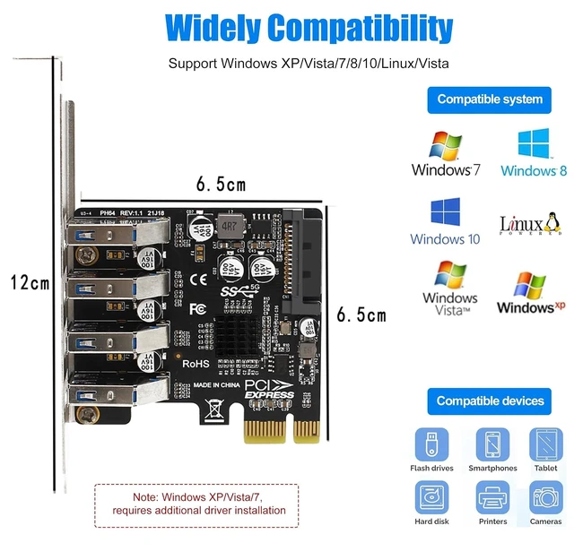Alt view image 7 of 7 - PCI-E USB 3.2 GEN1 Card 4-Port PCI Express to USB-A Expansion Card, 5Gbps USB 3.0 Port Controller Adapter for Windows 10/8/7/XP/Vista/LINUX, Can Connects to High Power Devices to 15PIN Power Supply