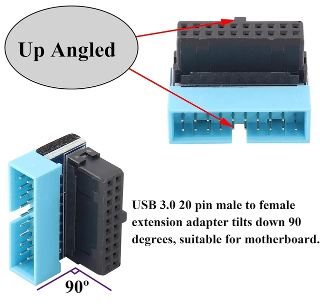 Alt view image 5 of 7 - 2 Pack 90 Degree Up Angle USB 3.0 20pin Connector USB 3.0 19Pin/20Pin Female to Male Extension Power Adapter Board for Desktop Motherboard Mainboard Internal Header Adapter(Up/blue-20Pin)