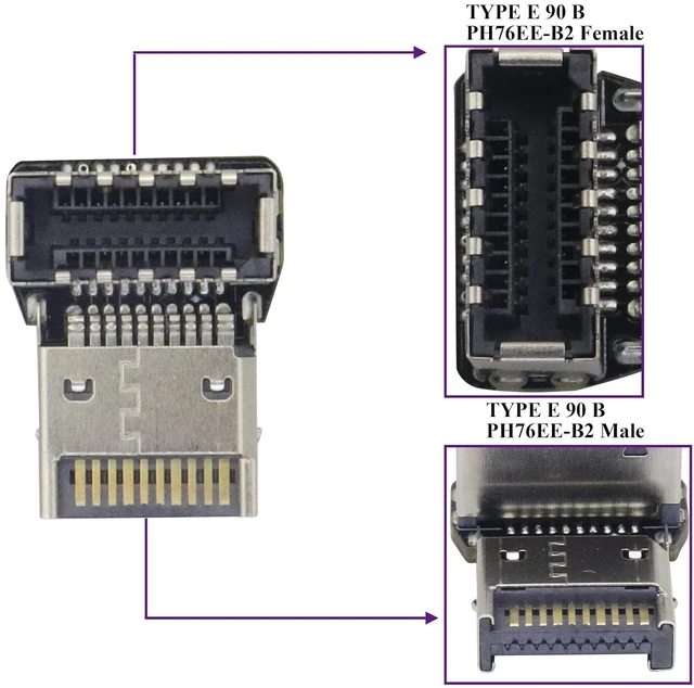 Alt view image 4 of 7 - 2Pack 90 Degree USB 3.2 Front Panel Internal Connector Down-Right Angle Type-E USB 3.1 Female to Male Front Panel Socket Adapter for Type-E Motherboard Extension Data Adapter(Type-E/Down)
