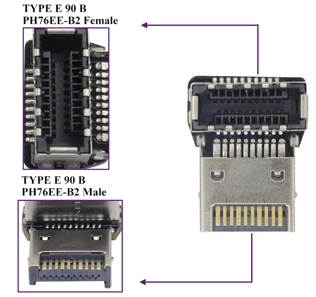 Alt view image 3 of 7 - 1Pack 90 Degree Type-E USB 3.1 Front Panel Header Adapter - Up-Right Angle USB 3.1 Type-E Male to Female Front Panel Internal Power Connector for Motherboard