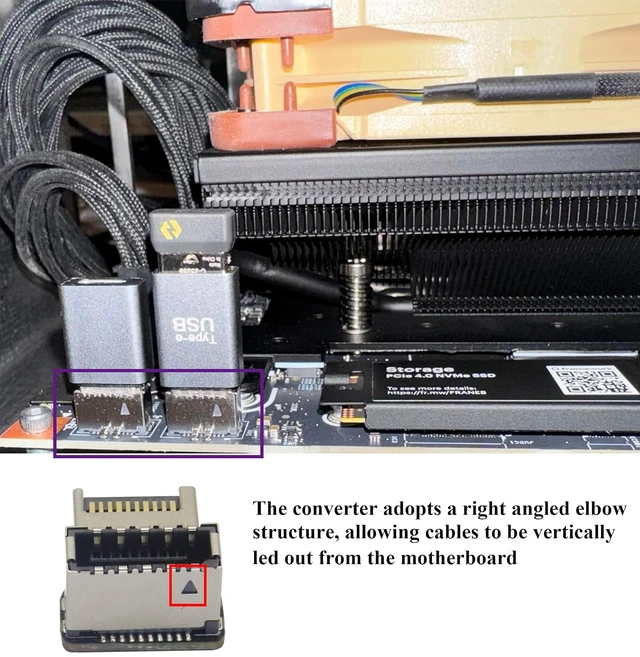 Alt view image 4 of 7 - 1Pack 90 Degree Type-E USB 3.1 Front Panel Header Adapter - Up-Right Angle USB 3.1 Type-E Male to Female Front Panel Internal Power Connector for Motherboard