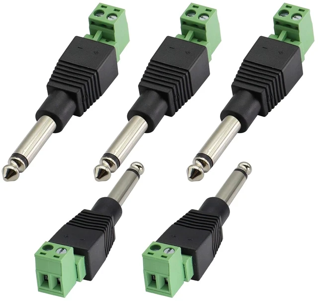 Main image of 6.35mm Screw Terminal Block Connector 6.35mm (1/4") TS Mono Male to 2 Pin/Way Female Bolt Screw Terminals Pluggable AUX Audio Microphone/Speaker Wire Solderless Converter(5-Pack)