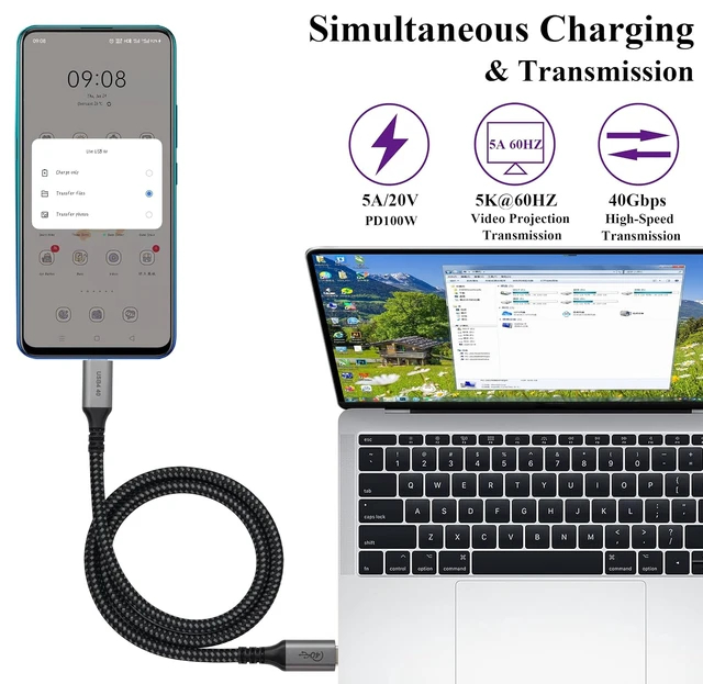 Alt view image 5 of 7 - Thunderbolt 3 Cable TB3 USB4 USB-C Male Extension Cable 40Gbps &100W Fast Charging Supports Single 5K 60Hz or Dual 4K 60Hz Monitor Compatible for Type-C MacBooks,Dell,Hub,Docking(0.6m/2ft)