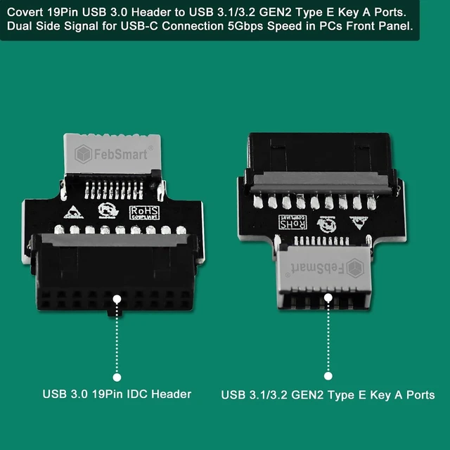 Alt view image 4 of 6 - 19Pin USB 3.0 Header to USB 3.1/3.2 Gen 2 Type E Key A Ports Adapter-5Gbps Max Speed-Extend USB Type E Ports to PCs Front Panel USB-C Ports (FS-U3EC 2-PCS)