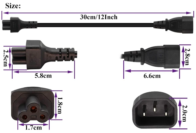 Alt view image 2 of 7 - (2 Pack) C14 to C5 AC Cable, 10A 125V IEC 3Pole Male to Female Power Adapter, C5 to C14 AC Converter for Laptop Receptacle Converter (0.3m/1ft)