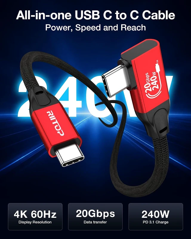 Alt view image 2 of 7 - 20Gbps USB-C to USB C Cable 3.3FT/90Degree Right Angle