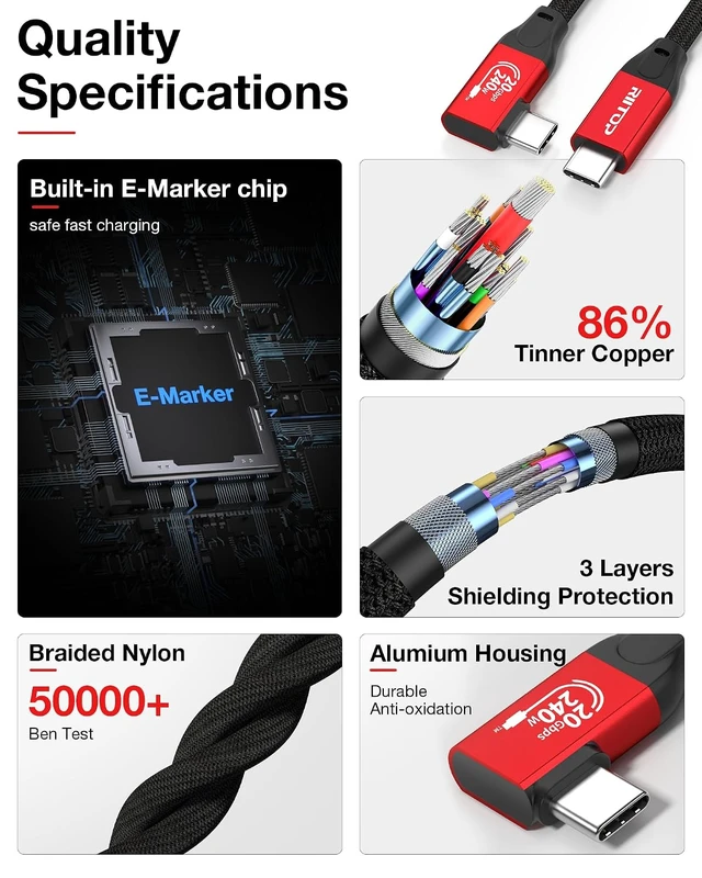 Alt view image 4 of 7 - 20Gbps USB-C to USB C Cable 3.3FT/90Degree Right Angle