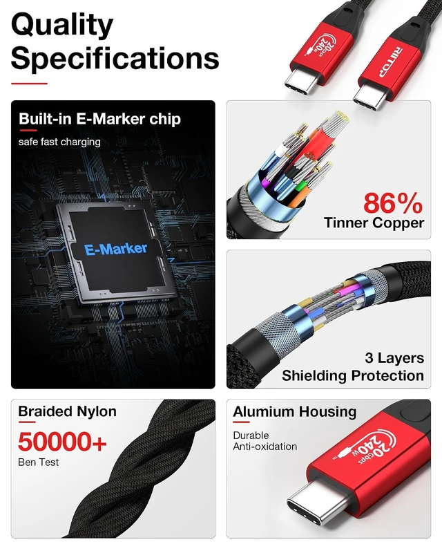Alt view image 5 of 7 - 20Gbps USB C to C Long Cable 16.4FT, USB 3.2 Gen 2x2 Cable 240W PD