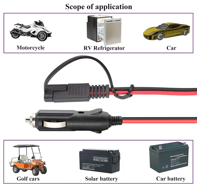 Alt view image 7 of 7 - SAE to Cigarette Lighter Cable,16AWG 12V Cigarette Lighter Male Plug to SAE 2 Pin Quick Release Disconnect Connector Plug Adapter Extension Charging Cable with Fuse(2.4m/7.8ft-M)