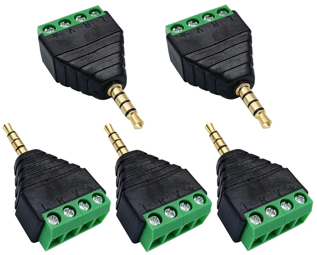 Main image of 4 Pole 3.5mm Screw Terminal 3.5mm (1/8) Stereo TRRS Audio Male to AV 4 Pin Female Screw Terminal Double Track Headphone Balun Solderless Converter Adapter(5 Pack/Male)
