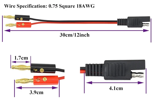 Alt view image 2 of 7 - 2Pack Banana Plug to SAE Power Cable 30cm 18AWG 2 Pin Quick Connect/Disconnect Jack SAE Connector Wire for Motorcycle,Car