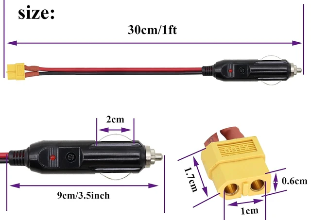 Alt view image 2 of 7 - (2Pack 16AWG XT60 to Cigarette Lighter Cable,12V Cigarette Lighter Male Plug to XT60 Female Adapter Extension Cable Compatible for Freestyle FPV Drones Battery Charging Cable.(0.3m/1ft-F)