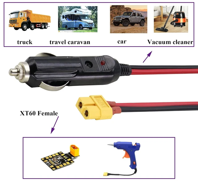 Alt view image 7 of 7 - (2Pack 16AWG XT60 to Cigarette Lighter Cable,12V Cigarette Lighter Male Plug to XT60 Female Adapter Extension Cable Compatible for Freestyle FPV Drones Battery Charging Cable.(0.3m/1ft-F)