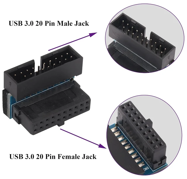 Alt view image 3 of 7 - 2 Pack 90 Degree 20pin USB 3.0 Adapter Up Right Angle 3.0 USB 20 Pin Male to Female Extension Power Adapter Board for Motherboard Mainboard.20(20Pin-Up/Black)