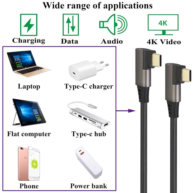 Alt view image 7 of 7 - 90 Degree USB 3.1 Type C Cable Right & Left Angled 3.1 USB Type C Male 4K@60Hz Gen 2 Extension Cable Supports Charging,Data,Audio,Video Cable for Laptop & Tablet & Mobile Phone.(0.3M/1Ft)