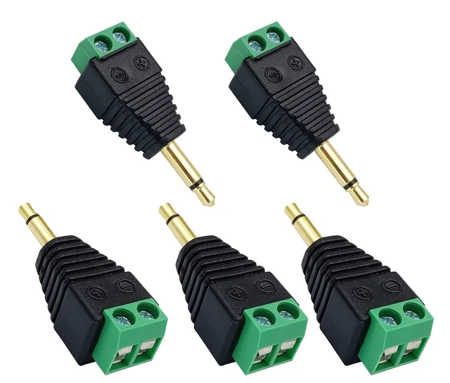 Main image of 3.5mm Screw Terminal Gold Plated 3.5mm (1/8") TS Mono Male to 2 Pin Female Screw Terminal AUX Headphone Balun Solderless Converter Adapter(5-Pack/Male)