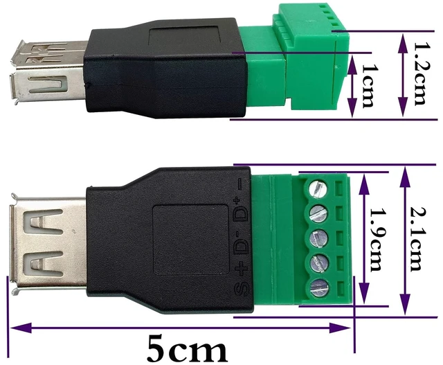 Alt view image 2 of 7 - USB 2.0 A Screw Terminal Block Adapter USB 2.0 A Female to 5 Pin/Way Female Bolt Screw Shield terminals Pluggable Type Adapter Connector for Charging and Data Transfer (2 Pack/Female)