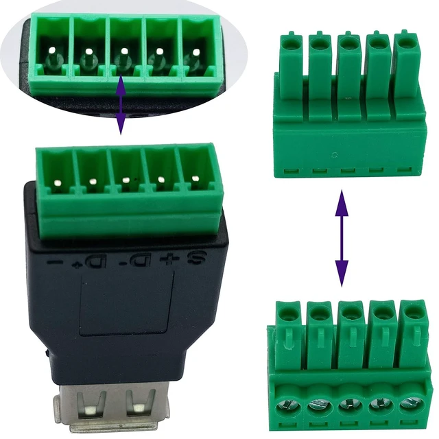 Alt view image 3 of 7 - USB 2.0 A Screw Terminal Block Adapter USB 2.0 A Female to 5 Pin/Way Female Bolt Screw Shield terminals Pluggable Type Adapter Connector for Charging and Data Transfer (2 Pack/Female)