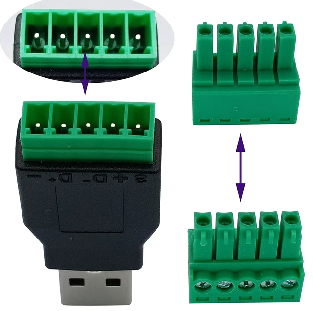 Alt view image 3 of 7 - USB 2.0 A Screw Terminal Block Adapter USB 2.0 A Male to 5 Pin/Way Female Bolt Screw Shield terminals Pluggable Type Adapter Connector for Charging and Data Transfer (2Pack/Male)