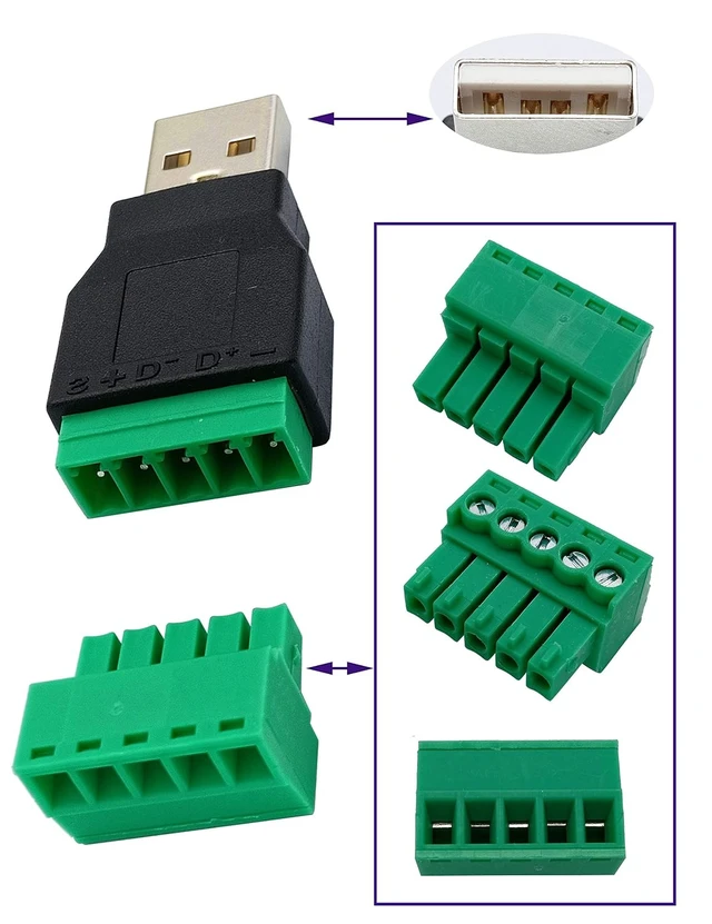 Alt view image 7 of 7 - USB 2.0 A Screw Terminal Block Adapter USB 2.0 A Male to 5 Pin/Way Female Bolt Screw Shield terminals Pluggable Type Adapter Connector for Charging and Data Transfer (2Pack/Male)