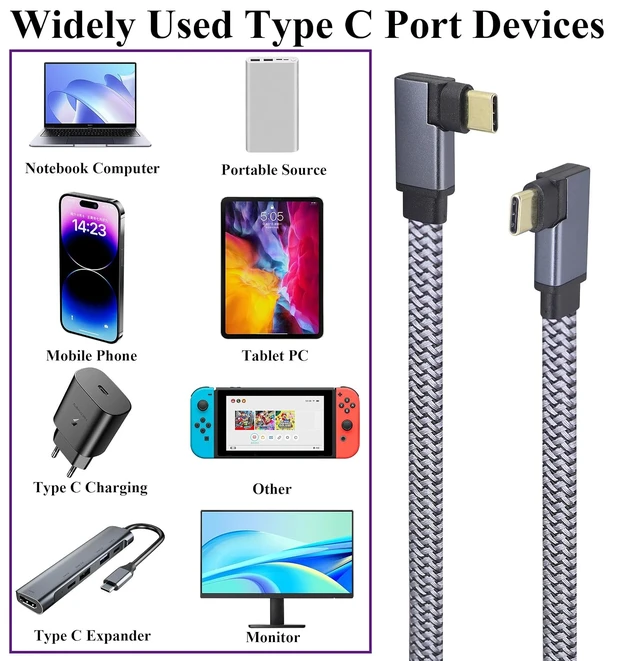Alt view image 7 of 7 - Flat Short Right Angle USB 3.1 Type C Male to Left Angle USB Type C 3.1 Male 4K@60Hz Extension Braided Cable Supports Charging,Data,Audio,Video Cable for Laptop&Tablet&Mobile Phone.(0.3M-M/M)