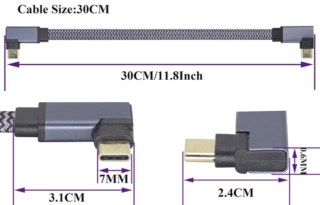 Alt view image 2 of 7 - Flat Short Right Angled USB C to USB C Cable, 90 Degree 10Gbps 4K@60Hz PD 60W USB 3.1 Gen2 Male to Male Charging Cord,USB 3.1 Type-C Cable for Tablet, Phone and More Type-C Devices(0.3M-M/M)