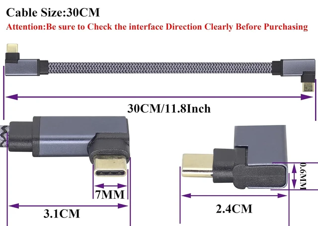 Alt view image 2 of 7 - 2Pack Right Angled USB 3.1 Type c to Type C 10Gbps Connector Cable 60W&3A 90 Degree Left Angle Type C 3.1 USB Male Fast Charging 4K Display Short Flat Cable for Laptop&Mobile Phone.(0.3M-M/M)