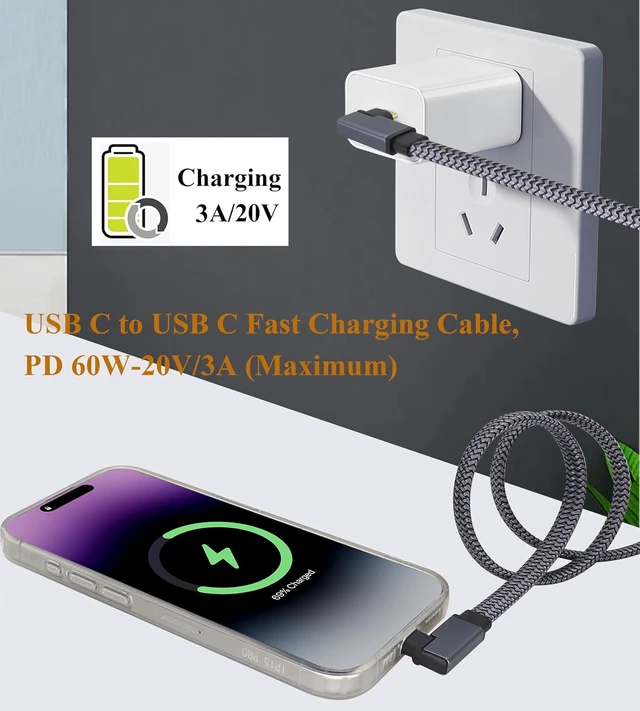 Alt view image 4 of 7 - Flat Right Angled USB C to USB C Cable, 90 Degree 10Gbps 4K@60Hz PD 60W USB 3.1 Gen2 Male to Male Charging Cord,USB 3.1 Type-C Cable for Tablet, Phone and More Type-C Devices(0.6M-M/M)