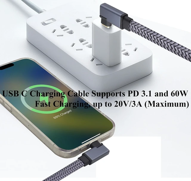 Alt view image 4 of 7 - 2Pack 90 Degree USB-C 3.1 to USB C 60W Power Delivery Cable Right Angle Type C 3.1 Gen 2 Cord 10Gbps Data Sync 3A PD Fast Charge Cord Compatible for MacBook,Pixelbook,Galaxy S20,SSD(1M-M/M)