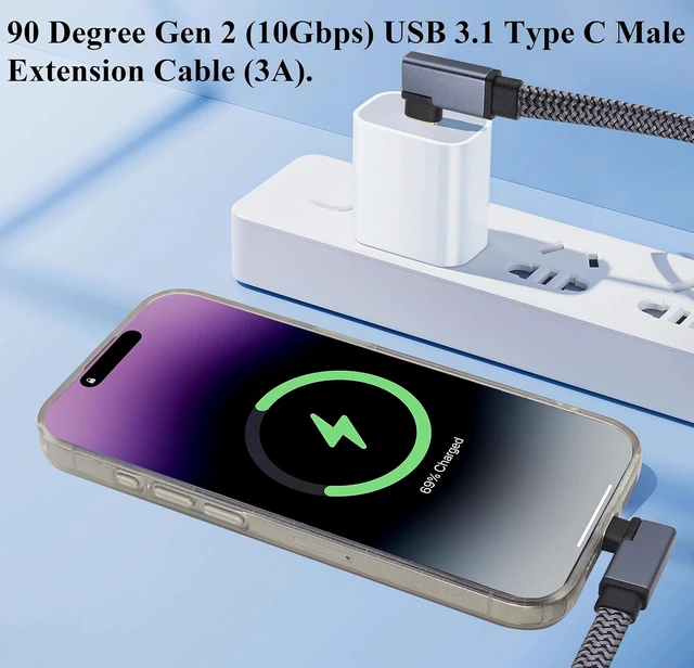 Alt view image 5 of 7 - Flat Short Right Angled USB C to USB C 3.1 Gen 2 Braided Cable 10Gbps 90 Degree Left Angle USB 3.1 Type C Male Extension Cable Fast Charging Compatible for Samsung Galaxy S24,MacBook(0.6M-M/M)