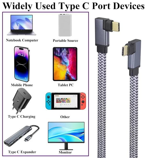 Alt view image 7 of 7 - 2Pack 90 Degree USB-C 3.1 to USB C 60W Power Delivery Cable Right Angle Type C 3.1 Gen 2 Cord 10Gbps Data Sync 3A PD Fast Charge Cord Compatible for MacBook,Pixelbook,Galaxy S20,SSD(1M-M/M)