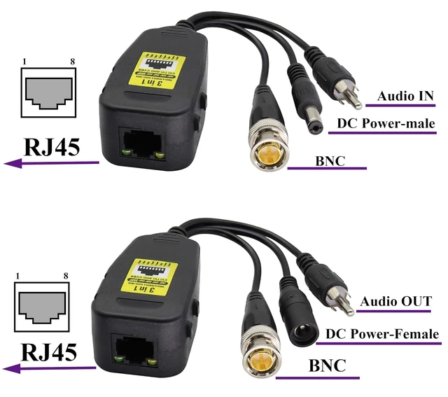 Alt view image 3 of 7 - BNC to RJ45 Transmitter Transceiver DC Power Passive Audio Video Balun HD-CVI/TVI/AHD/CVBS with DC Jack for 720P-1080P 3MP 4MP 5MP 8MP CCTV Security DVR Surveillance Camera System(19cm/4Pairs)